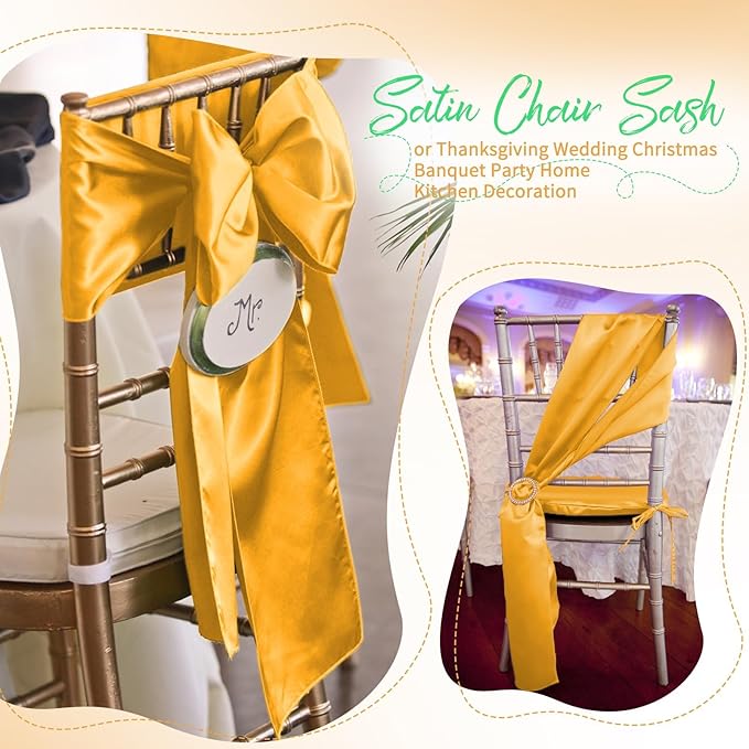 120 PCS Gold Satin Chair Sashes, Ties Bows Designed Chairs Decorative, Chair Cover Sashes for Thanksgiving Wedding Christmas Banquet Party Home Kitchen Decoration (7 x 108 inch)