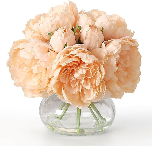 Champagne Peonies Artificial Flowers in Vase, Silk Faux Peony Fake Flower Arrangements with Glass Vase and Faux Water for Home Decor Wedding Bouquets Table Centerpieces, Set of 7