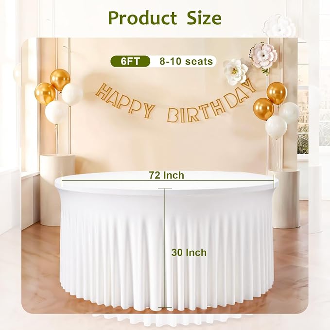 12 Pack White Round Spandex Tablecloth for 72 inch Table, Wrinkle-Free Stretchy 6FT Fitted Round Table Cloths with Skirt, Banquet Wedding Party Birthday Dining Bridal Shower Table Covers