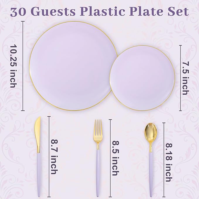 DaYammi 150Pcs Purple Plastic Plates with Gold Rim,Disposable Plastic Plates Include 30 Dinner Plate,30 Salad Plate,30 Forks,30 Spoons,30 Knive,Purple Disposable Platos for Party Wedding Mother's Day