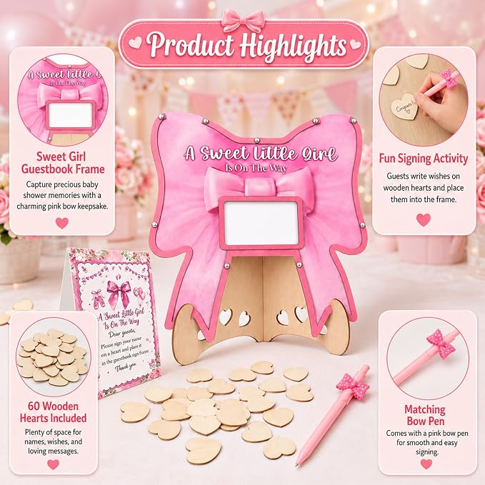 Pink Bow Baby Shower Decorations,A Sweet Baby Girl Is On The Way BabyShower Guest Book Alternatives with Pen,Photo Frame and 60 Heart Wood Slices for 60 Guests