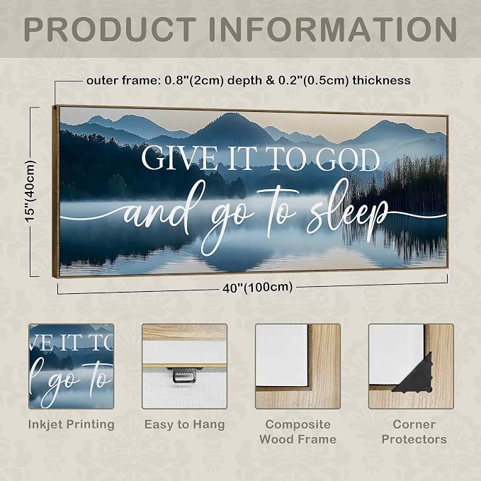 TLESKE Give It to God and Go to Sleep Sign Large Wall Art Decor Framed 15x40, Above Bed Over Bed Canvas Wall Art Decor Print for Bedroom, Boho Mountains Bedroom Signs Wall Artwork Picture