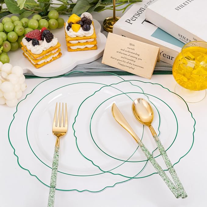 Liacere 150PCS Clear and Green Plastic Plates - Disposable Plates with Glitter Bamboo Handle Cutlery - 60 Baroque Elegant Plates,30Forks,30Spoons,30Knives for Wedding & Party
