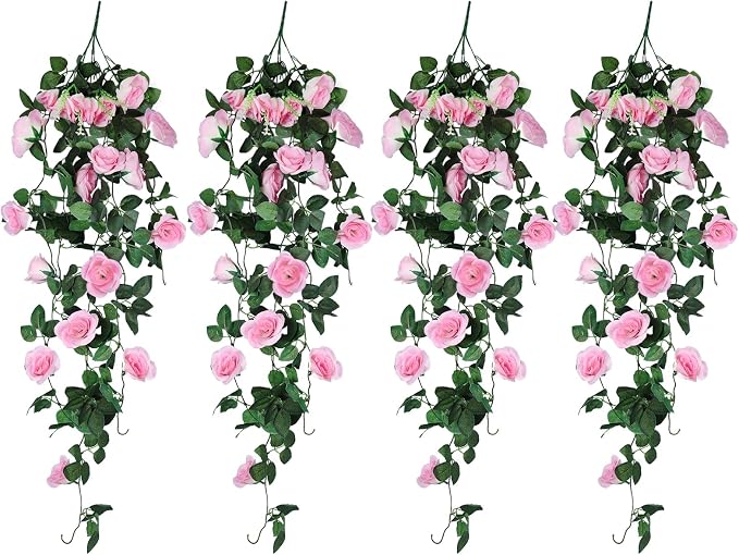 RECUTMS Artificial Pink Roses Fake Hanging Flower Plants, 4 PCS 37 Inch Silk Floral Ivy Garlands for Outdoors Home Room Garden Wedding Bridal Shower Friendship Valentine’s Day Indoor Party Decoration