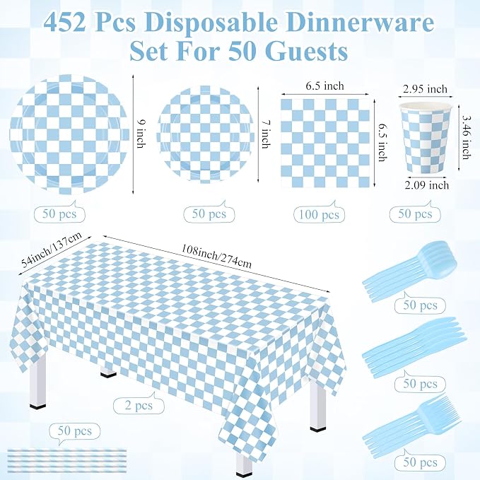 Funnymoom 452 Pcs Light Blue and White Gingham Party Supplies for 50, Blue Checkered Gingham Paper Plates Napkins Cups Tablecloth Cutlery Straws for Baby Shower Picnic Camping Birthday Decoration