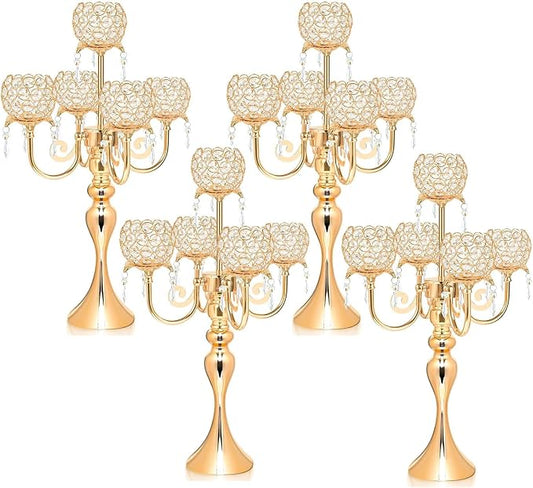 Set of 4 Candlesticks 5 Arm Crystal Strap Pendant Gold Table Decor Candelabra, 22.5 inches Elegant Dining Room Centerpieces for Holiday Parties Weddings (4, Gold)