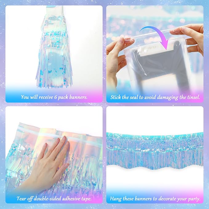 LOLStar Iridescent Blue Foil Fringe Tinsel Garland Streamer Banner, 6 Pack | 60Ft Tinsel Streamers, Shiny Iridescent Blue Wall Hanging Tinsel Fringe Banners for Mermaid, Snow, Sea, Unicorn Party Decor