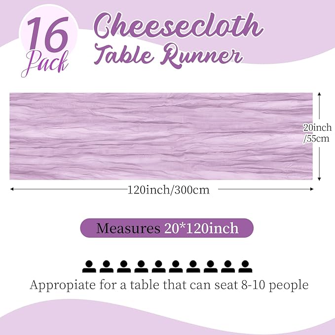 16 Pack Lavender Cheesecloth Table Runners 20x120 Inch Gauze Table Runner Cheese Cloth 10FT Lavender Table Runner Rustic Sheer Runner for Wedding Baby Shower Birthday Party Table Decor