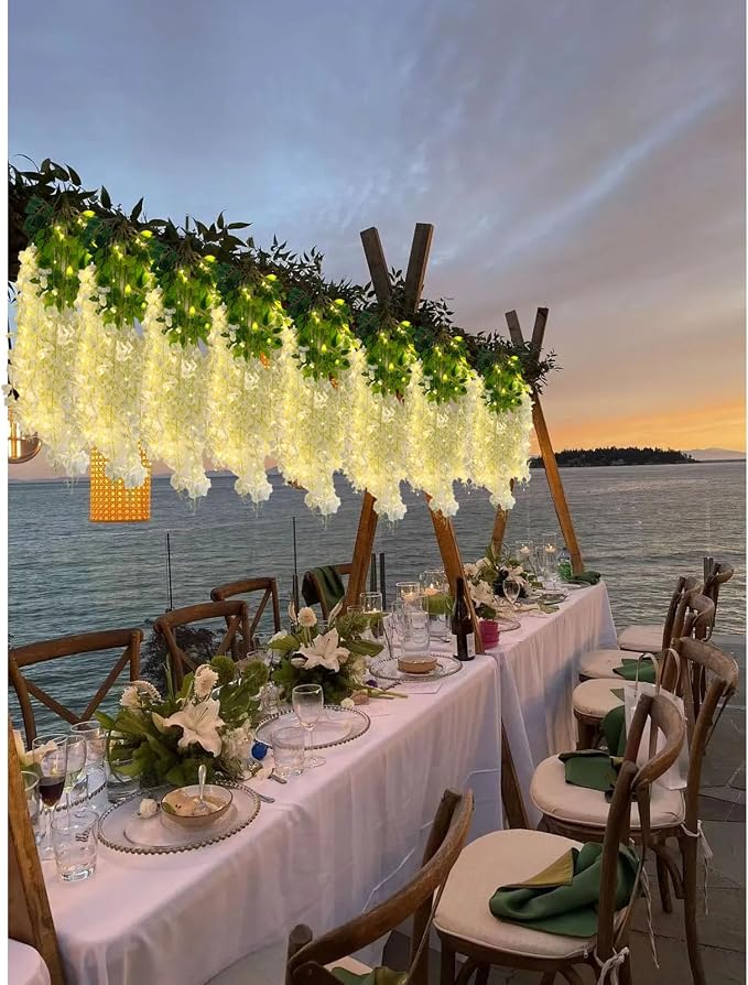 12 Pack Cream Wisteria Hanging Flowers Garland with Lights, 3.44 Feet Artificial Flower Vines, Fake Wisteria, Artificial Vines Hanging Garland for Backdrop Outdoor Patio Garden Decor