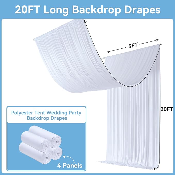 20ftx20ft White Backdrop Ceiling Drapes,4Panels 20ft Height Wrinkle Free Tent Draping Curtains, Fabric Drapery Ceiling Drapes for Wedding Ceremony Birthday Theme Parties with Rod Pocket