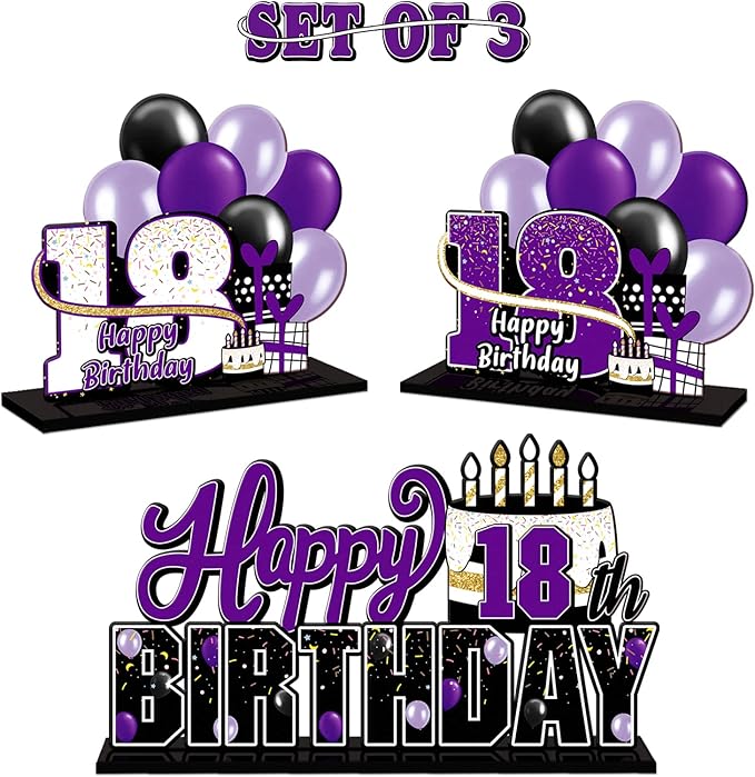 LINGTEER Happy 18th Birthday Purple Acrylic Table Topper Centerpieces Set - Cheers to Eighteen Years Old Birthday 18th Bday Party Gift Decorations.