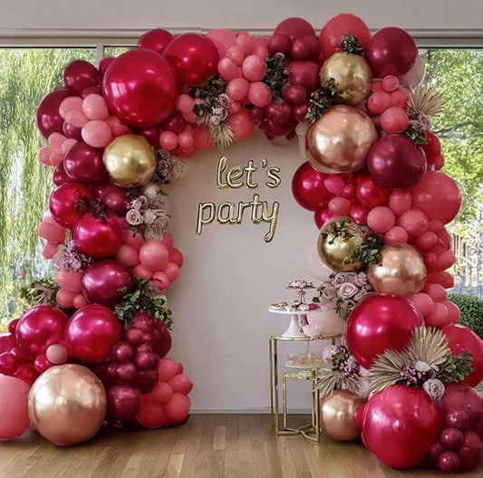 Burgundy Pink Balloon Arch Double Stuffed Maroon Gold Balloons Dark Red Pink Gold Balloon Garland Kit for Birthday Mother's Day Bridal Shower Wedding Party Decoration