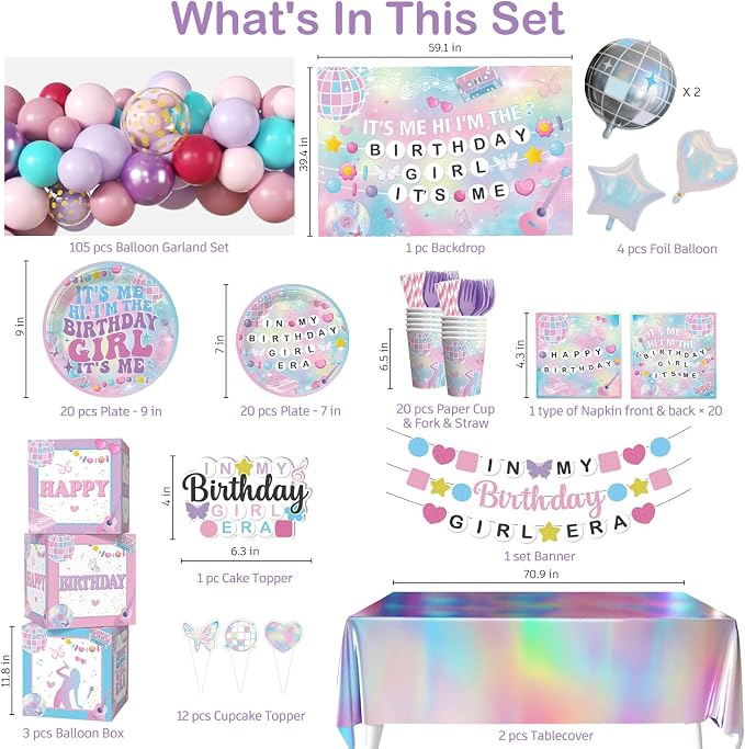 cocomigo 249pcs In My Birthday Girl Era Decorations Complete Party Set, Serves 20 Guests, In My Birthday Girl Era Party Supplies, includes Banner, Balloon Arch, Backdrop, Plates and Napkins Kit, etc