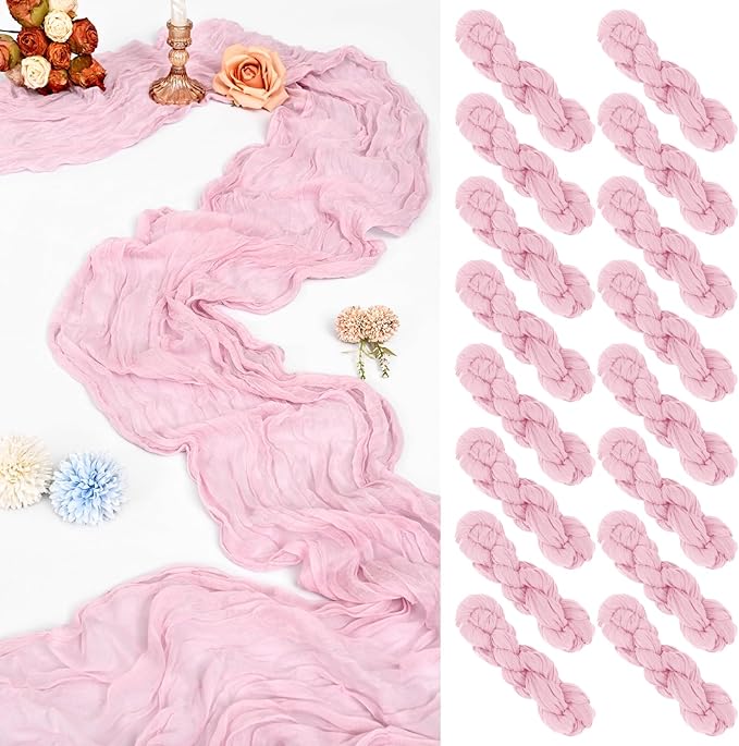 16 Pack 10Ft Cheesecloth Table Runner Light Pink, 20 x 120 Inch Rustic Gauze Boho Cheese Cloth Table Runners Wedding Long Table Runner for Wedding Party Bridal Shower Table Decoration