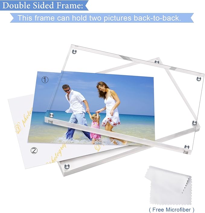 AMEITECH Acrylic Picture Frames 3 Pack, 4x6'' Clear Double Sided Block Set, Desktop Frameless Magnetic Photo Frame
