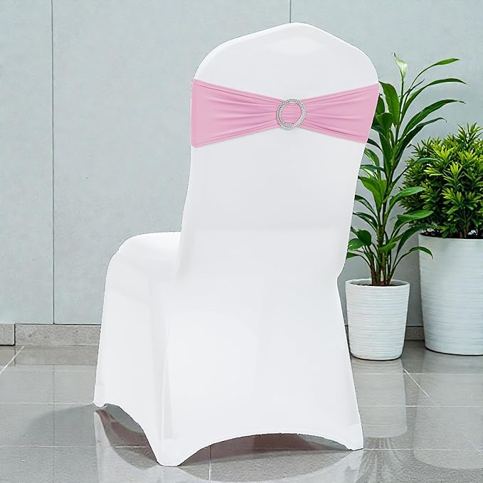 VDS - Blush Pink | Spandex Chair Sashes Bows | 75 PCS | Stretch Elastic Banquet Universal Folding Chair Band Tie with Silver Buckle Slider for Wedding Party Conference Celebration Event Decoration