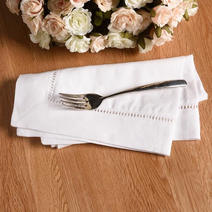 Simple&Opulence 100% Linen Dinner Napkins, Hemstitched Decorative 18x18 Inch White French Flax Cloth, Pack of 4 Reusable Napkins,Stone Washed with Handcrafted Mitered Corners