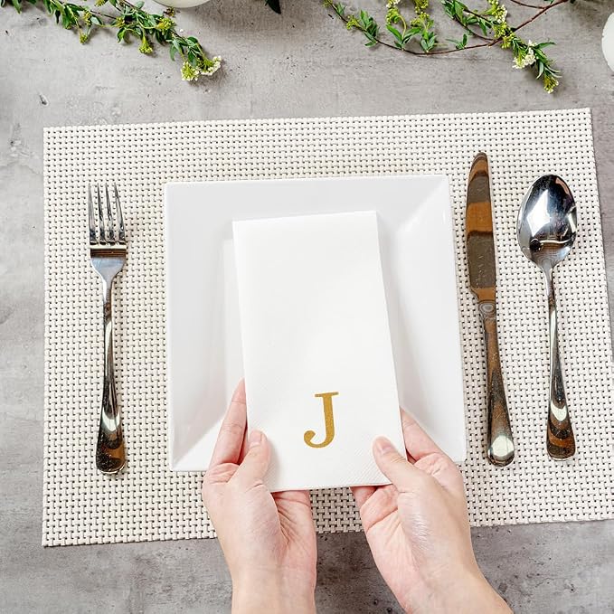 Luxenap 15.8 X 7.9 Inch Linen-Feel Guest Towels, 50 Lettered Hand Towels - Gold Letter 'J', Sans Serif Font, White Paper Dinner Napkins, airlaid, For Restrooms And Tables