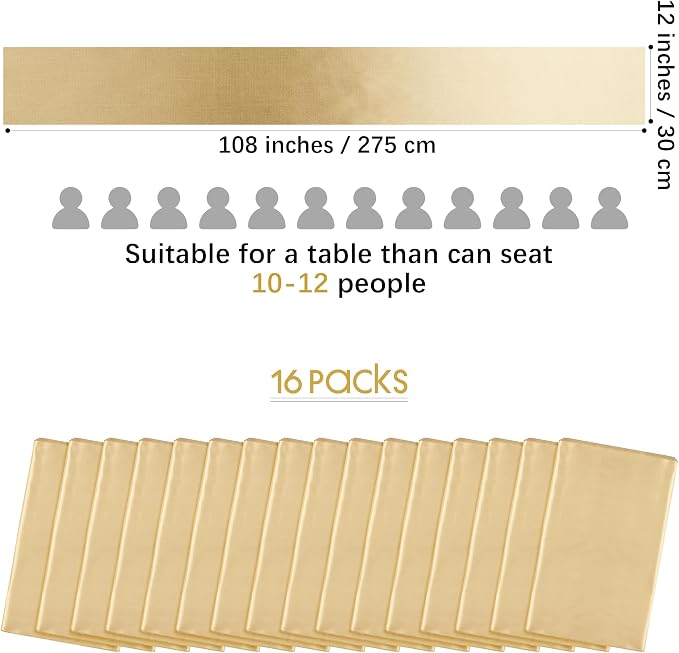 Aneco 12 Pack Satin Table Runner 12 x 108 Inch Champagne Long Wedding Satin Silk Table Runner for Wedding Banquet Graduations Birthday Party Decoration