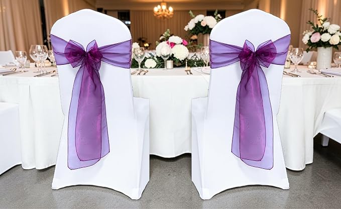 MDS® Pack of 100 Organza Chair Sashes for Wedding Decoration, Reusable Sheer Chair Bows for Banquet Chair Cover, Reception, Bridal Shower, Baby Shower, Birthday Party & Special Events - Eggplant