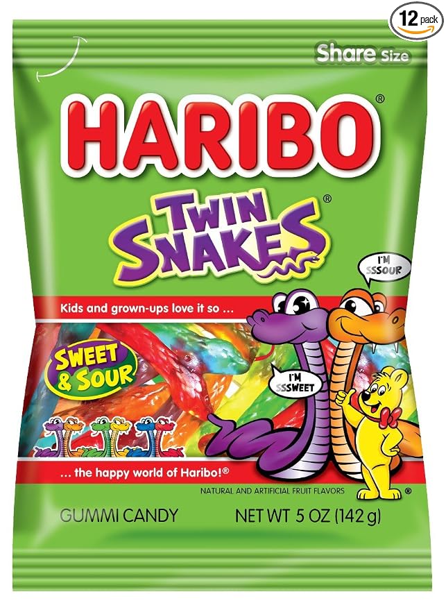 HARIBO Gummi Candy, Twin Snakes Sweet & Sour Gummy Candy, 5 Ounce Share Size Bags (Pack of 12) Delicious Soft & Chewy Snacks, Assorted Fruity Flavors
