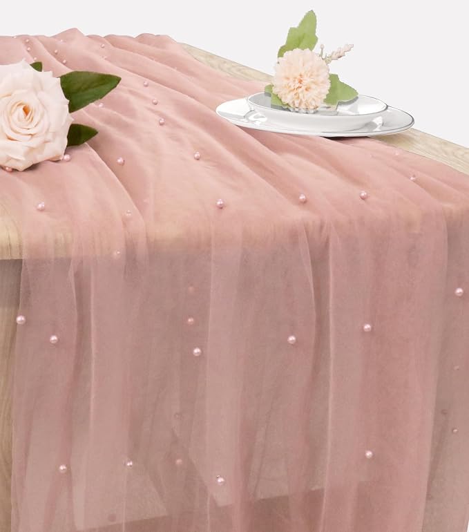 Set of 6 Pearl Valentine's Day Table Runner 29 x 120 Inch Dusty Pink Boho Rustic Tulle Fabric Lace Table Runners for Bridal Shower Birthday Party Wedding Arch Dessert Table Decor(Dusty Pink)