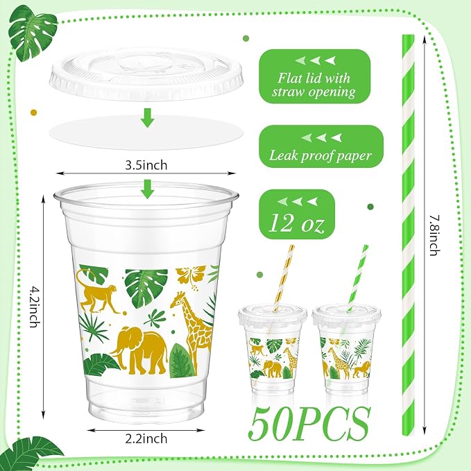 FoldTier 50 Pcs Jungle Safari Animals Cups Disposable Plastic Cup 12 oz Golden Green mugs Thick Wild Theme Clear Mugs Lids Straws Birthday Party Supplies Birthday Party Favor Table Decorations