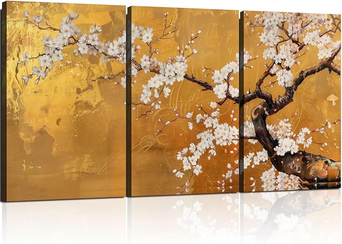 3 Pcs Framed Japanese Golden Plum Blossom Flower Wall Art Decor Canvas Print Picture Traditional Woodblock Print Style Farmhouse Poster Gallery Bedroom Living Room Office 12x16 Inch Ready to Hang