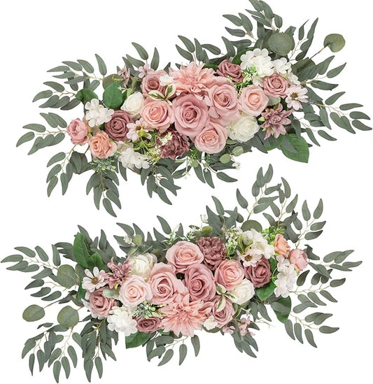 TINGE TIME Dusty Rose Flower Garlands, 2 PCS Pink Artificial Eucalyptus Garlands, Handcraft Artificial Rose Arch Flowers for Wedding Arch Sweetheart Table Ceremony Backdrop Decorations for Home