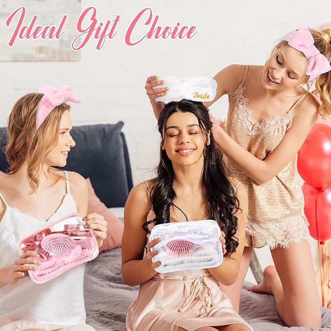 40 Pcs Bachelorette Favor Set Include Headband Scrunchies Hair Claw Clips Hairbrush and Makeup Bag for Bridal Shower Party Gifts Bridesmaid Wedding Supplies (White and Pink)