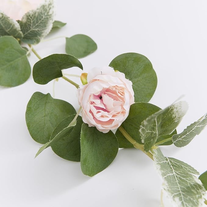 MISSPIN 2pcs Artificial Flowers Garland Spring Eucalyptus Garland Vintage Fake Flower Peony Rose Vine Greenery Decorative Wall Hanging Plant for Wedding Arch Door Arrangement Party Decor (Pink,2)