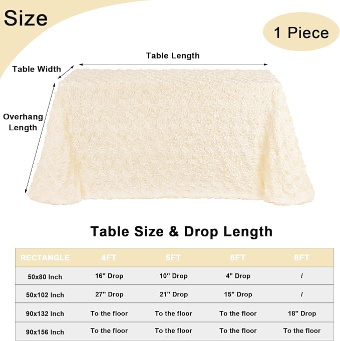 3D Satin Rosette Rectangle Tablecloth 90 x132 Inches Ivory Satin Raised Rosettes Tablecloth for Wedding Baby Shower Event Decoration