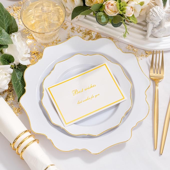 WDF 175Pcs Gold Plates Disposable - White and Gold Plastic Plates 25guest Plastic Dinnerware Ideal for Party/Wedding/First Communion/Spring