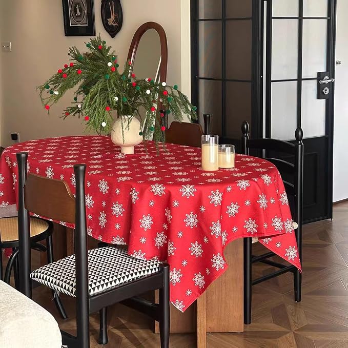 Red Tablecloth, Rectangle Table Cloh with Snowflake Decorations, Spillproof Cotton Linen Fabric Table Cover for Holiday, Winter, Party, Christmas - 60''x108''