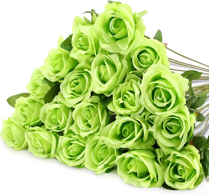 Hotop 20 Pcs Artificial Rose Flowers with Long Stem, Real Lifelike Silk Realistic Plastic Bouquet Roses Bulk for Home Decor Bridal Wedding Party Table Centerpieces Decorations(Green)