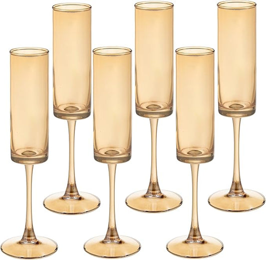 6 Pieces Amber Champagne Flutes 6 OZ Straight Sided Wine Glasses Champagne Long Stem Drinking Colored Glasses,Set of 6 Hand Blown Champagne Flutes Goblets for Wedding Cocktail Cups,Cava, Prosecco