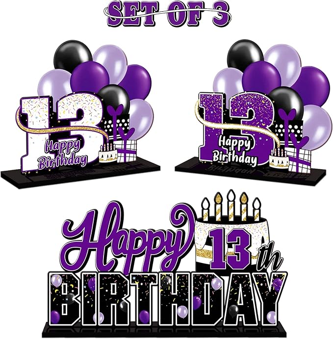 LINGTEER Happy 13th Birthday Purple Acrylic Table Topper Centerpieces Set - Cheers to Thirteen Years Old Birthday 13th Bday Party Gift Decorations.