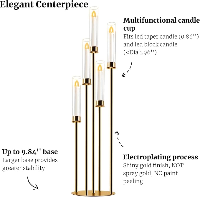 Candelabra Gold Centerpiece 5 Arms Taper Candle Holder Gold Centerpiece with Acrylic Tubes for Table Decoration Wedding Event Party Aisle Stage Home Decor (1, L)