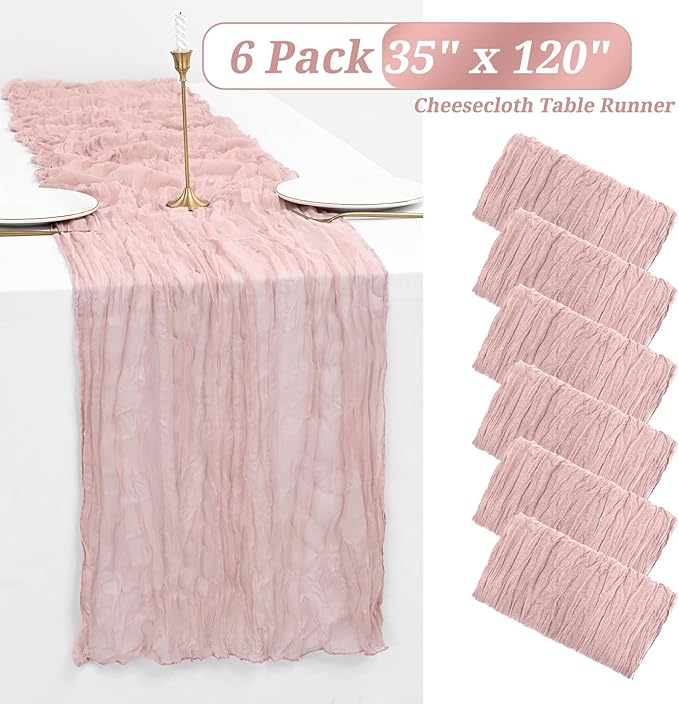 Showgeous 6 Pack Dusty Pink Cheesecloth Table Runner Gauze Table Runner 10FT Long Semi-Sheer Table Runner Boho or Rustic Wedding Table Decor for Wedding Decor Arch Draping Bridal Shower Holiday Party