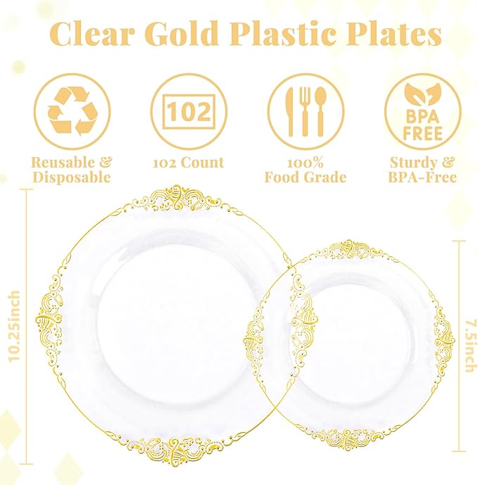 102PCS Clear Gold Plastic Plates - Clear Disposable Plates with Gold Rim - Elegant Party Plate Include 51PCS Dessert Plates, 51PCS Dinner Plate for Weddings & Parties