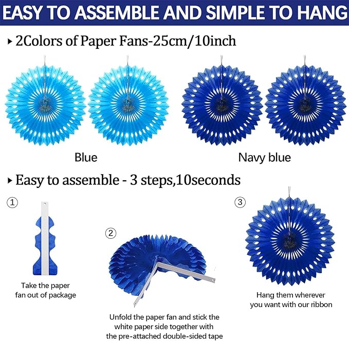 24Pcs Blue Birthday Party Decorations for Boys Men Navy Royal Light Blue Honeycomb Ball, Hanging Paper Fans, Pom Poms, Baby Shower Decorations Boy, Party Supplies 16th 18th 21th 30th 40th 50th
