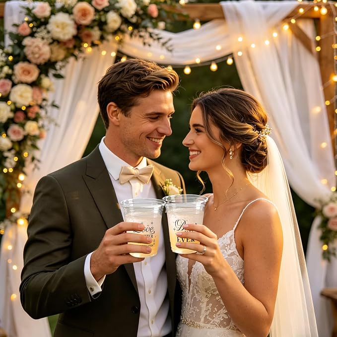 100 Pcs Wedding Plastic Cups 12 oz Mr and Mrs Disposable Cups Wedding Reception Drinking Cups for Bridal Shower Engagement Bachelorette Party Anniversary Decor