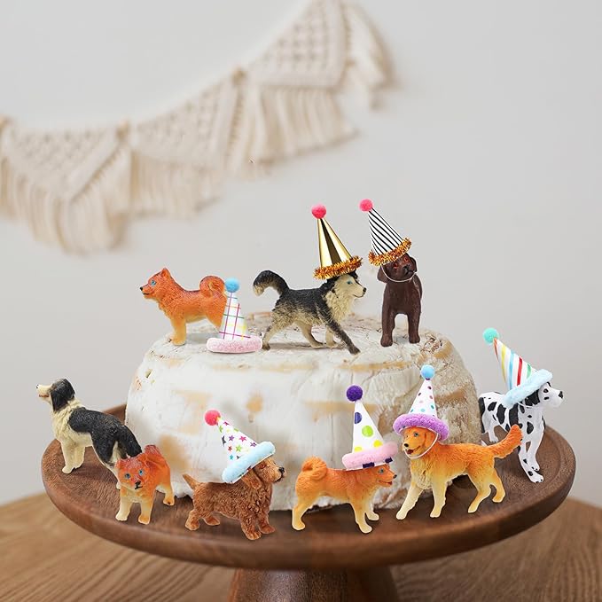 Colingmill 18 Pcs Dog Birthday Party Decorations Mini Birthday Hat Animal Figure Model Cake Toppers with Mini Hat for Birthday Party, Animals Themed Party
