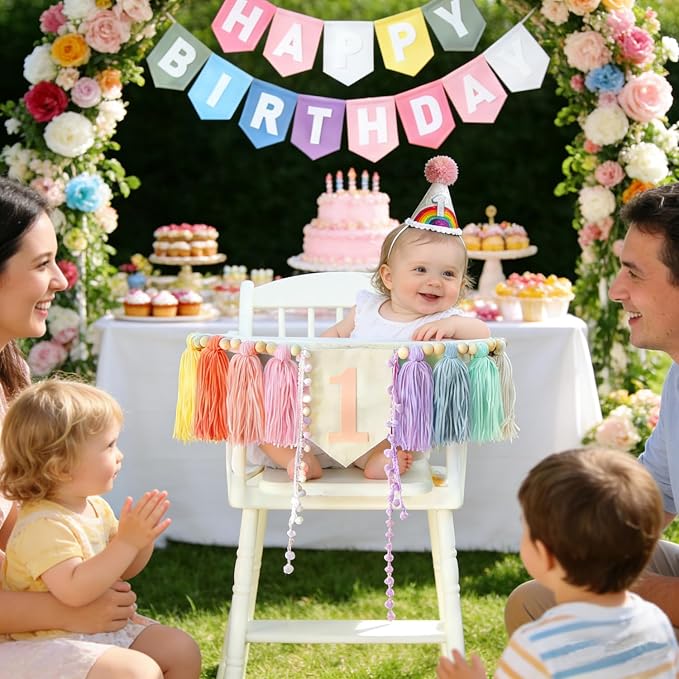 Pastel Rainbow 1st Birthday High Chair Decorations- Boho Macaron Felt Happy Birthday Banner First Birthday Highchair Banner With One Cake Topper & Party Hat, 1st Birthday Party Decorations