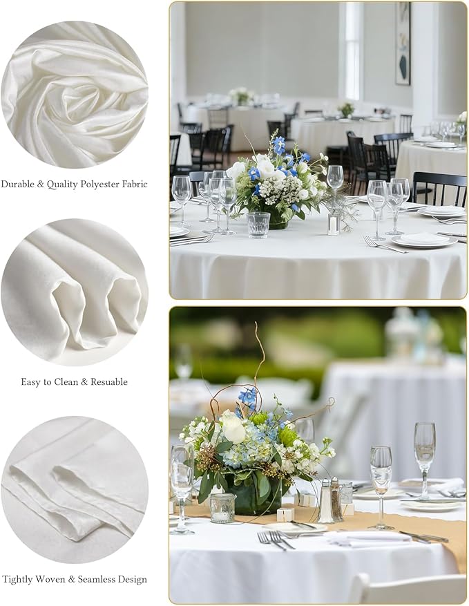BESTVIP 6 Pack 120" White Round Fabric Tablecloths | Fits 48"-78" Tables | Polyester Washable Decorative Table Cloth Cover for Wedding, Reception, Banquet, Birthday, Parties, Buffets, Restaurant