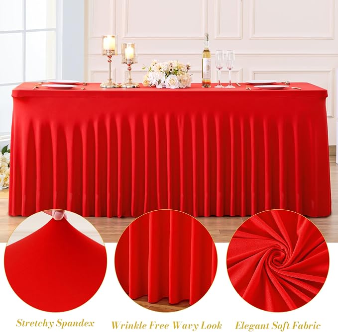 4 Pack Red Table Cloth for 6 Foot Rectangle Tables Spandex Fitted Tablecloth 6ft Stretch Table Covers Skirt Red Banquet Tablecloths Wrinkle Free Tablecloth for Party Wedding Birthday Event