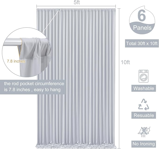 6 Panels Silver Grey Backdrop Curtain for Parties Wedding Wrinkle Free Silver Grey Photo Curtains Backdrop Drapes Fabric Decoration for Birthday Party Baby Shower 30ft(W) x 10ft(H)