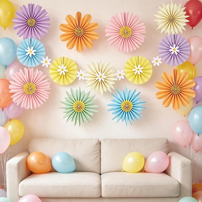 SUNBEAUTY14PCS Pastel Paper Fans Party Decoration Paper Flowers Decorations for Wall Hanging Paper Flowers Floral Backdrop Flower Garland for Birthday Baby Shower Spring Decor Classroom Decorations