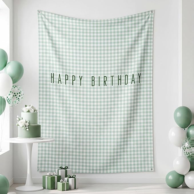Flutesan 7x5ft Green Gingham Happy Birthday Backdrop Large Banner Fabric Tapestry Birthday Party Decoration Baby Shower Linen Rustic Background Wall Photo Props Indoor Outdoor