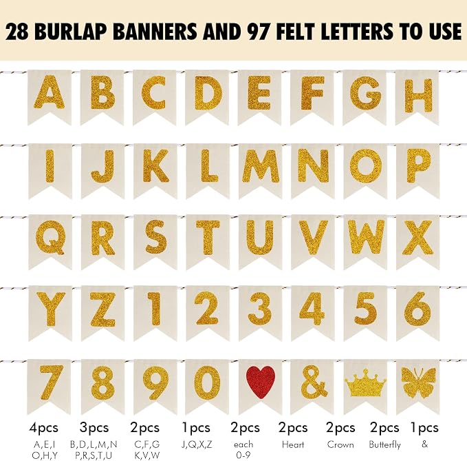 Custom Banner Kit, 28 Burlap Banner with 97 Felt Letters, Make Your Own Diy Customizable Kit for Birthday Wedding Party Decorations